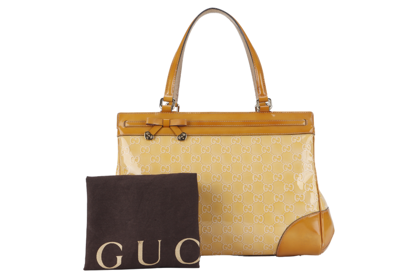 GUCCI GUCCISSIMA MAYFAIR (257612) YELLOW PATENT LEATHER SILVER HARDWARE WITH DUST COVER