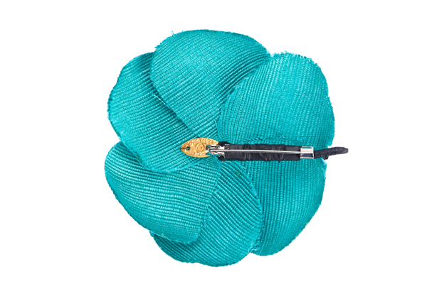 CHANEL GREEN CANVAS CAMELIA BROOCH WITH BOX