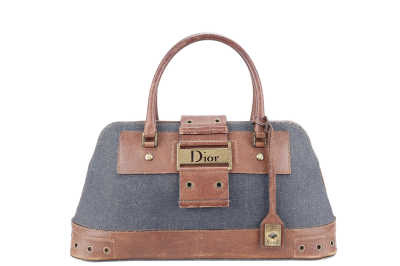 CHRISTIAN DIOR STREET CHIC TROTTER BAG BROWN LEATHER BLUE DEMIN GOLD HARDWARE NO DUST COVER