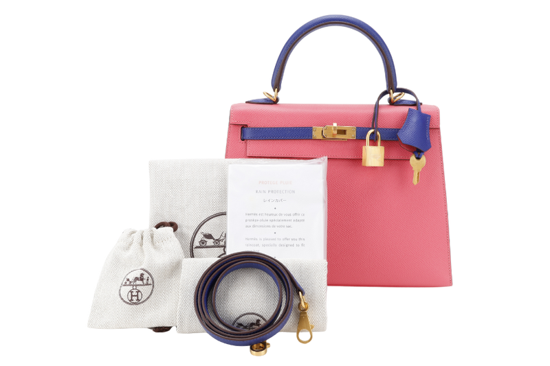 HERMES KELLY 25 HSS STAMP C (YEAR 2018) ROSE AZALEE, BLUE ELECTRIC EPSOM LEATHER, BRUSHED GOLD HARDWARE WITH STRAP, KEYS, LOCK AND DUST COVER
