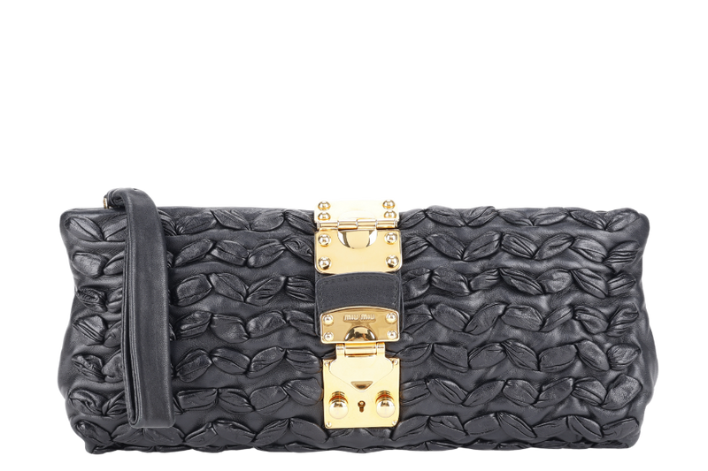 MIU MIU BLACK CLUTCH PLISSE LEATHER GOLD HARDWARE WITH DUST COVER