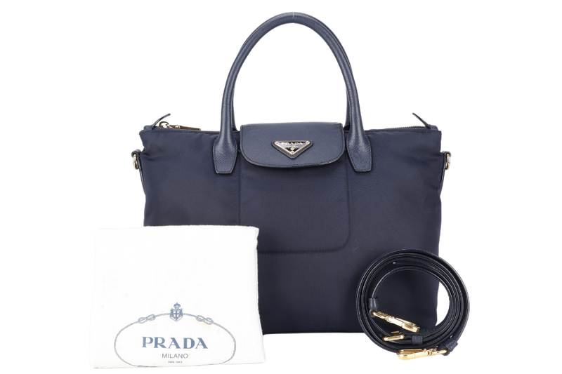 PRADA BN2106 TOTE BAG NAVY BLUE NYLON GOLD HARDWARE WITH DUST COVER AND LONG STRAPS