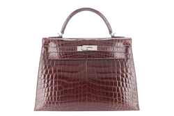 HERMES KELLY 32 SELLIER DARK BROWN SHINY NILOTICUS SILVER HARDWARE STAMP P (YEAR 2012) WITH KEYS, LOCK, STRAPS, RAINCOAT WITH DUST COVER