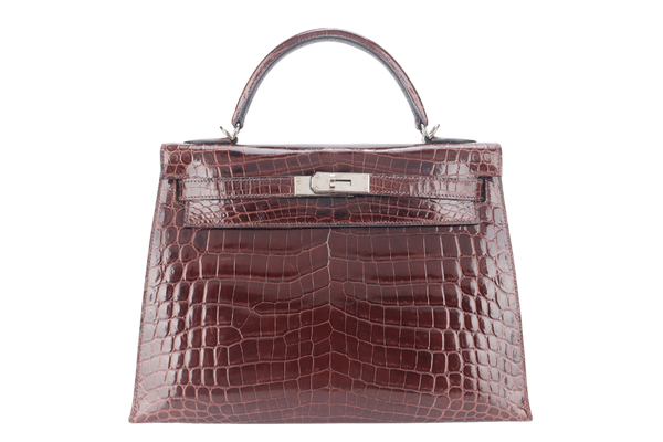 HERMES KELLY 32 SELLIER DARK BROWN SHINY NILOTICUS SILVER HARDWARE STAMP P (YEAR 2012) WITH KEYS, LOCK, STRAPS, RAINCOAT WITH DUST COVER