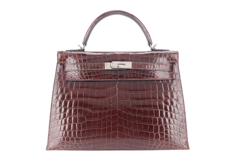 HERMES KELLY 32 SELLIER DARK BROWN SHINY NILOTICUS SILVER HARDWARE STAMP P (YEAR 2012) WITH KEYS, LOCK, STRAPS, RAINCOAT WITH DUST COVER