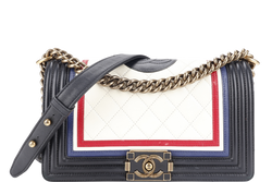 CHANEL LEBOY (2191xxxx) CREST BLACK, RED, WHITE & BLUE LAMBSKIN LEATHER GOLD HARDWARE WITH BOX