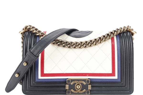 CHANEL LEBOY (2191xxxx) CREST BLACK, RED, WHITE & BLUE LAMBSKIN LEATHER GOLD HARDWARE WITH BOX