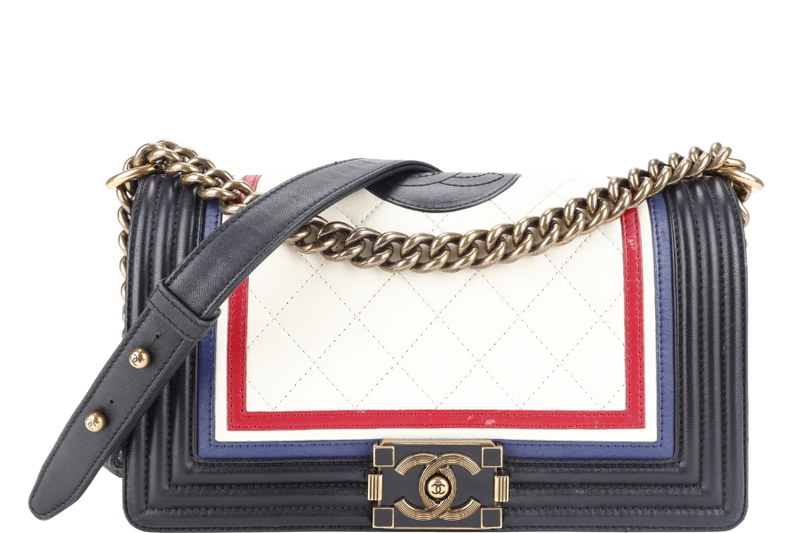 CHANEL LEBOY (2191xxxx) CREST BLACK, RED, WHITE & BLUE LAMBSKIN LEATHER GOLD HARDWARE WITH BOX