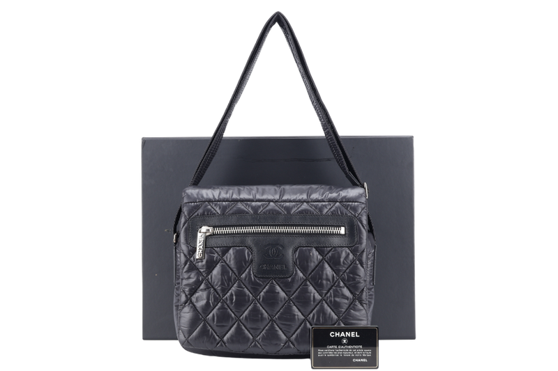CHANEL SMALL COCOON MESSENGER BAG (1765xxxx) BLACK NYLON SILVER HARDWARE WITH CARD AND BOX