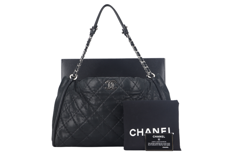 CHANEL GLAZED DOUBLE STITCH TOTE (1658xxxx) BLACK CALFSKIN SILVER HARDWARE WITH CARD, DUST COVER AND BOX