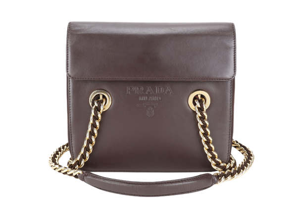 PRADA DARK BROWN NAPPA LEATHER SHOULDER CHAIN BAG GOLD HARDWARE NO CARD NO DUST COVER