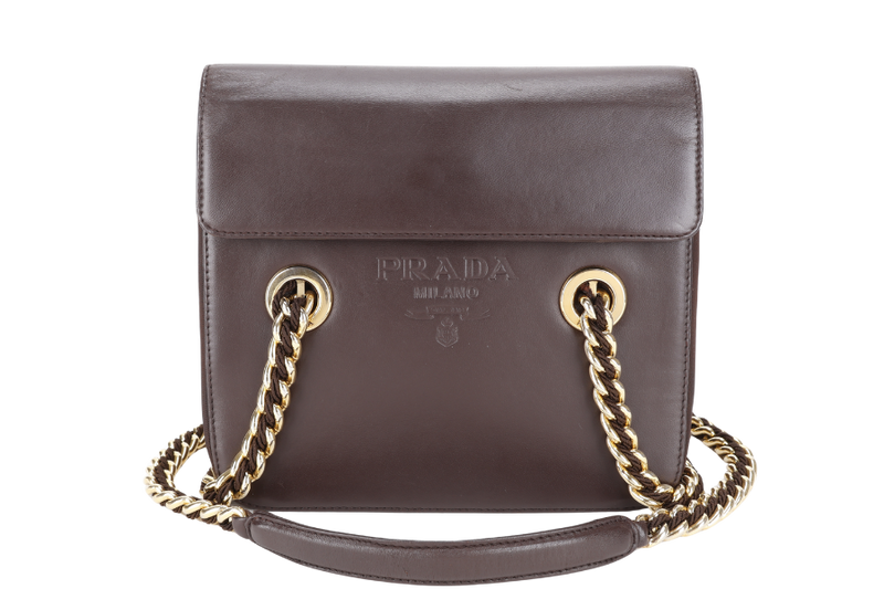 PRADA DARK BROWN NAPPA LEATHER SHOULDER CHAIN BAG GOLD HARDWARE NO CARD NO DUST COVER