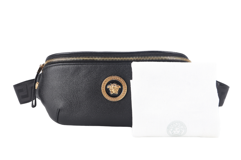 VERSACE MENDUSA BELT BAG BLACK CALF LEATHER GOLD HARDWARE WITH DUST COVER