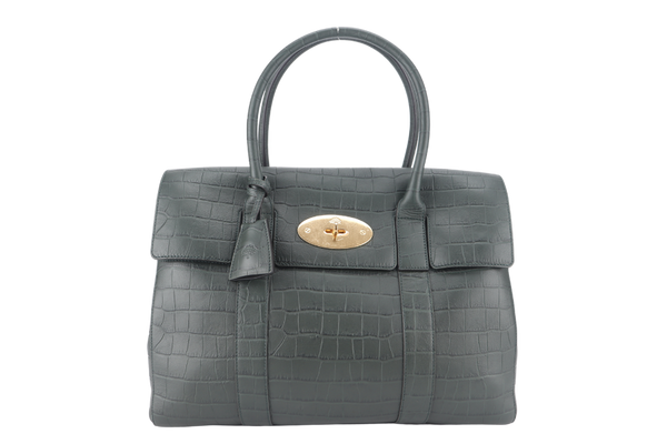 MULBERRY BAYSWATER NETTLE GREEN CROC EMBOSSED NAPPA LEATHER BAG GOLD HARDWARE WITH PADLOCK NO DUST COVER