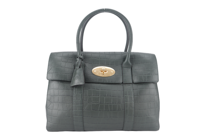 MULBERRY BAYSWATER NETTLE GREEN CROC EMBOSSED NAPPA LEATHER BAG GOLD HARDWARE WITH PADLOCK NO DUST COVER