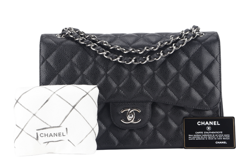 CHANEL CLASSIC FLAP JUMBO (1524xxxx) BLACK CAVIAR SILVER HARDWARE WITH CARD AND DUST COVER