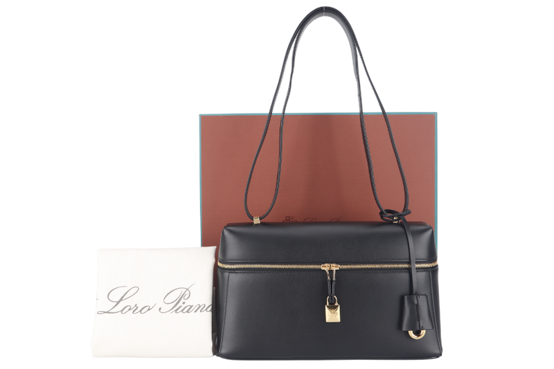 LORO PIANA EXTRA BAG L27 BLACK SMOOTH CALFSKIN GOLD HARDWARE WITH DUST COVER AND BOX