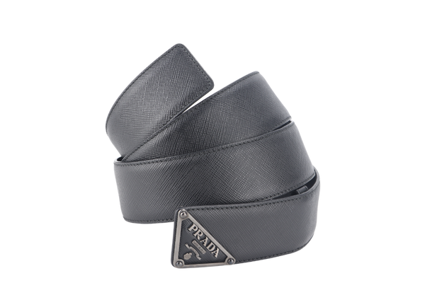 PRADA LOGO BELT BLACK SAFFIANO LEATHER RUTHENIUM HARDWARE WITH DUST COVER AND BOX
