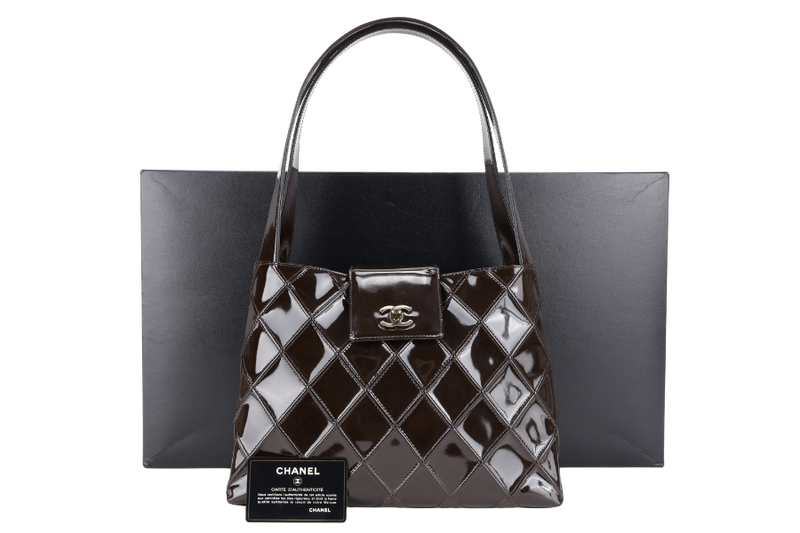 CHANEL DARK BROWN PATENT QUILTED SHOULDER BAG RUTHENIUM HARDWARE (616xxxx) WITH CARD AND BOX