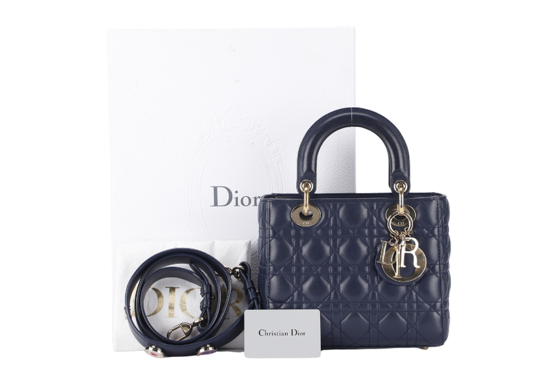 CHRISTIAN DIOR LADY DIOR SMALL (01-RU-1117) NAVY BLUE CANNAGE LAMBSKIN GOLD HARDWARE WITH STRAP, DUST COVER AND BOX