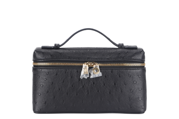 LORO PIANA EXTRA POCKET L19 BLACK COLOR OSTRICH LEATHER WITH GOLD HARDWARE WITH STRAP WITH DUST COVER AND BOX