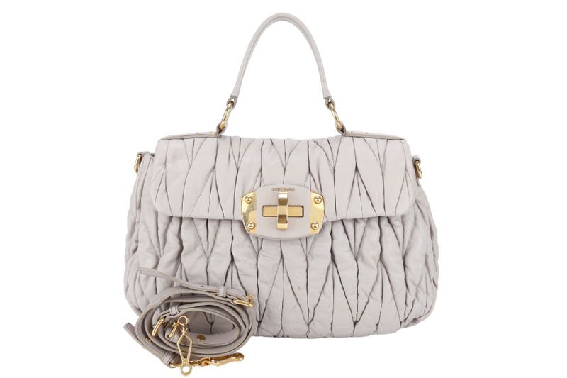MIU MIU GREY TURNLOCK TOP HANDLE MATELASSE LEATHER 2WAY BAG GOLD HARDWARE WITH LEATHER STRAPS NO DUST COVER