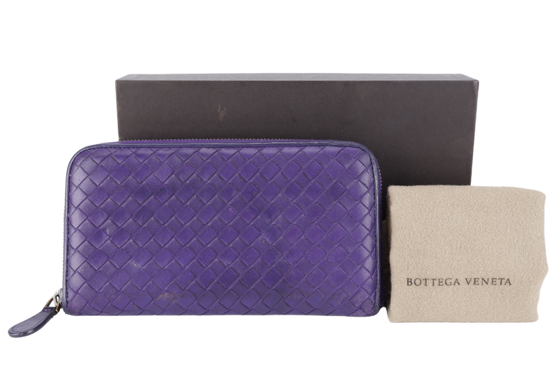 BOTTEGA VENETA LONG WALLET INTRECCIATO PURPLE LEATHER GOLD HARDWARE WITH DUST COVER AND BOX