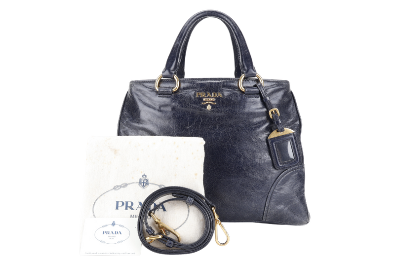 PRADA VITELLO SHINE 2-WAY SATCHEL BAG GOLD HARDWARE WITH STRAP, CARD AND DUST COVER