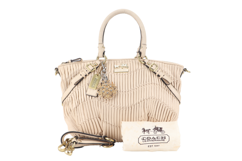 COACH MADISON SATCHEL (15942) BEIGE LEATHER GOLD HARDWARE WITH LEATHER STRAPS AND DUST COVER
