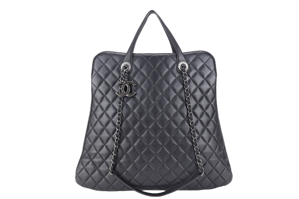 CHANEL QUILTED BLACK TOP HANDLE BAG (2194xxxx) RUTHENIUM HARDWARE WITH CARD AND DUST COVER