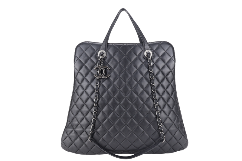CHANEL QUILTED BLACK TOP HANDLE BAG (2194xxxx) RUTHENIUM HARDWARE WITH CARD AND DUST COVER
