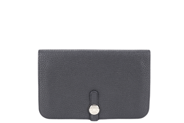 HERMES DOGON DUO WALLET STAMP O SQUARE (YEAR 2011) NOIR TOGO LEATHER SILVER HARDWARE WITH BOX