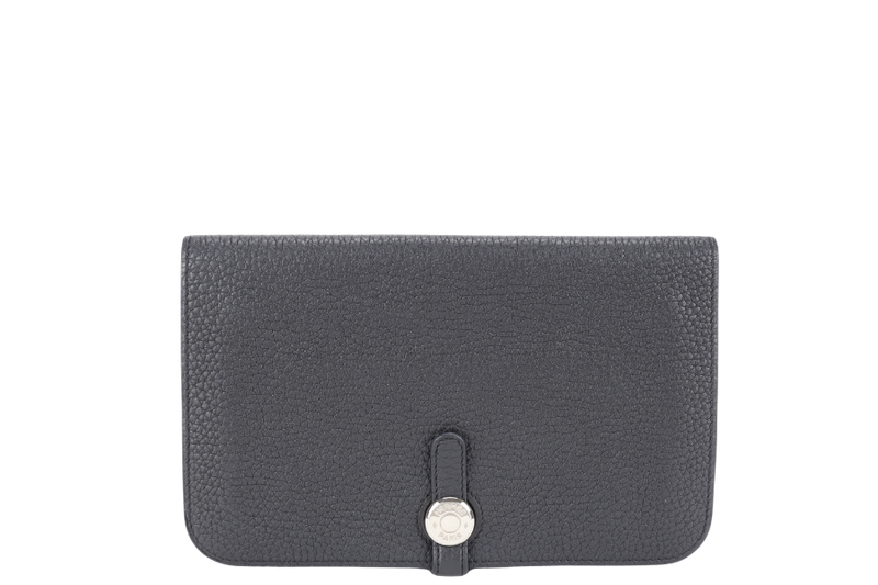 HERMES DOGON DUO WALLET STAMP O SQUARE (YEAR 2011) NOIR TOGO LEATHER SILVER HARDWARE WITH BOX