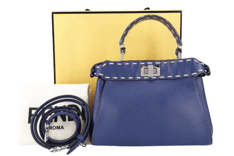 FENDI PEEKABOO CAPSULE MEDIUM CYAN BLUE LEATHER 2WAY BAG SILVER HARDWARE 8BN244-AFQ8-P-0189, WITH DUST COVER AND TWO STRAPS