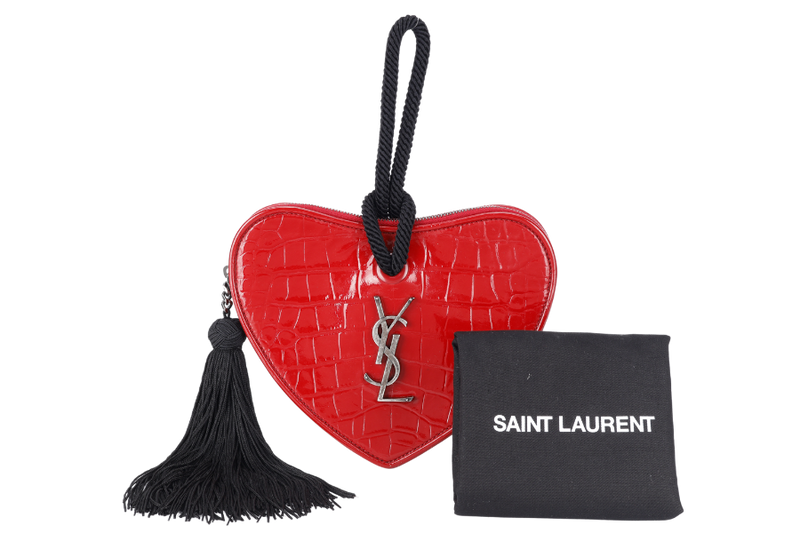 YVES SAINT LAURENT (YSL) PLB BOITE LOVE POCHETTE SMALL RED CROC EMBOSSED LEATHER SILVER HARDWARE WITH CARD AND DUST COVER