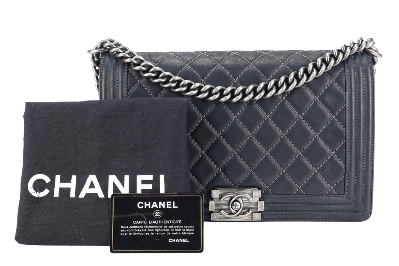CHANEL LE BOY (2111xxxx) NEW MEDIUM BLACK LAMBSKIN RUTHENIUM HARDWARE WITH CARD AND DUST COVER