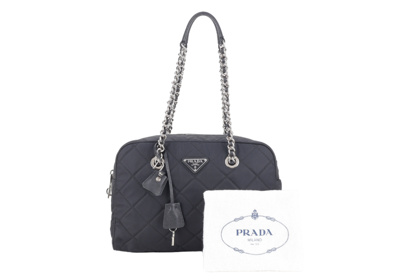 PRADA BAULETTO TESSUTO BLACK NYLON CHAIN SILVER HARDWARE WITH LOCK & KEYS AND DUST COVER