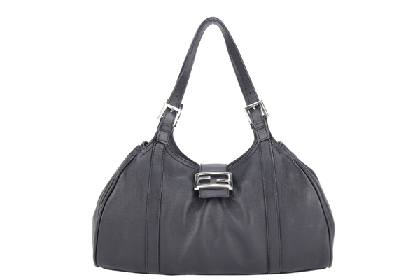 FENDI BLACK LEATHER SHOULDER BAG SILVER HARDWARE NO DUST COVER