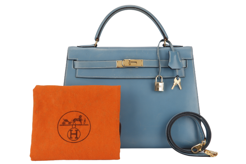 HERMES KELLY 32 STAMP A (YEAR 1997) BLUE JEAN BOX LEATHER GOLD HARDWARE WITH DUST COVER, STRAP , KEYS AND LOCK