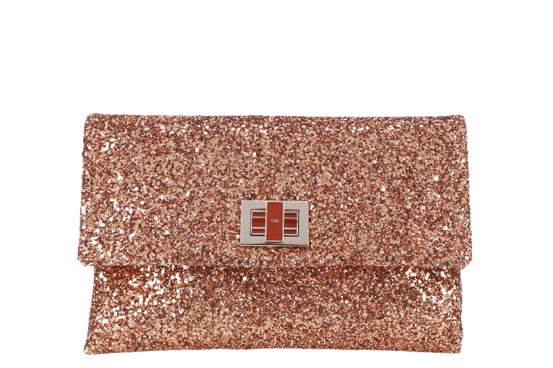 ANYA HINDMARCH BRONZE GLITTER VALORIE CLUTCH WITH BOX ONLY