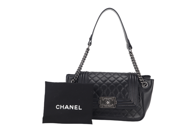 CHANEL BOY ACCORDION MEDIUM BLACK LAMBSKIN LEATHER PALLADIUM HARDWARE (1610xxxx) WITH DUST COVER