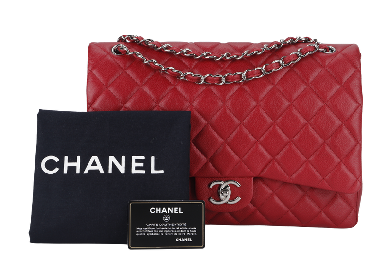 CHANEL CLASSIC FLAP MAXI (1442xxxx) RED CAVIAR LEATHER SILVER HARDWARE WITH CARD