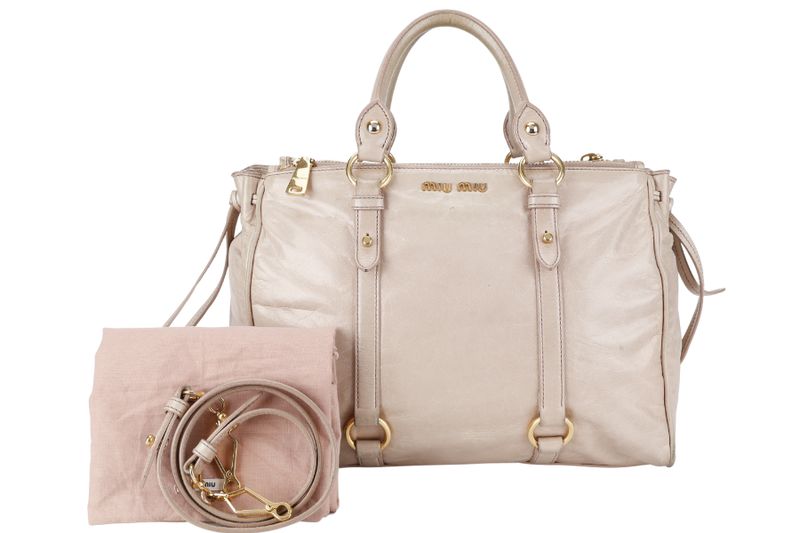 MIU MIU VITELLO LUX LARGE BEIGE BOWLER BAG GOLD HARDWARE WITH LEATHER STRAPS AND DUST COVER