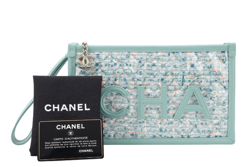 CHANEL GREEN TWEED PVC LAMBSKIN CHANEL LOGO WRISTLET POUCH (2081xxxx) GOLD HARDWARE WITH DUST COVER AND CARD