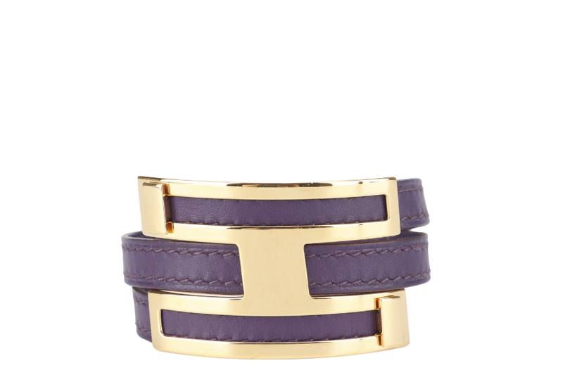HERMES POUSSE-POUSSE BRACELET IRIS PURPLE SWIFT LEATHER STAMP Q SQUARE (YEAR 2013) GOLD HARDWARE WITH DUST COVER AND BOX
