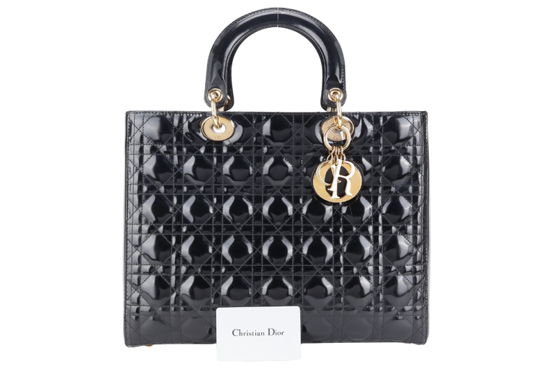 CHRISTIAN DIOR LADY DIOR LARGE PATENT BLACK GOLD HARDWARE WITH CARD AND DUST COVER