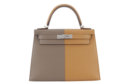 HERMES KELLY 28 STAMP U (YEAR 2023) CASAQUE ETOUPE, SESAME COLOR EPSOM LEATHER SILVER HARDWARE WITH STRAPS, LOCK&KEYS, RAINCOAT AND DUST COVER