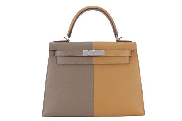 HERMES KELLY 28 STAMP U (YEAR 2023) CASAQUE ETOUPE, SESAME COLOR EPSOM LEATHER SILVER HARDWARE WITH STRAPS, LOCK&KEYS, RAINCOAT AND DUST COVER