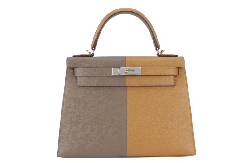 HERMES KELLY 28 STAMP U (YEAR 2023) CASAQUE ETOUPE, SESAME COLOR EPSOM LEATHER SILVER HARDWARE WITH STRAPS, LOCK&KEYS, RAINCOAT AND DUST COVER