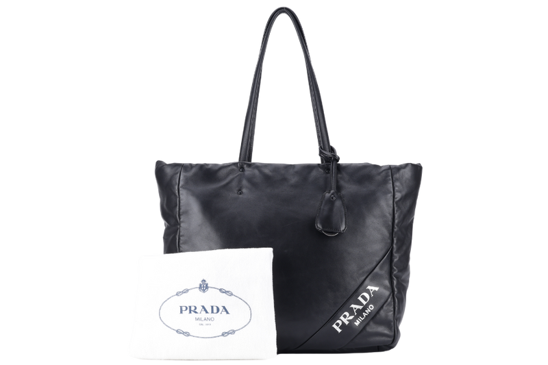 PRADA TOTE BAG (1BG223) NERO BLACK SHOULDER NAPPA SOFT LEATHER SILVER HARDWARE WITH DUST COVER